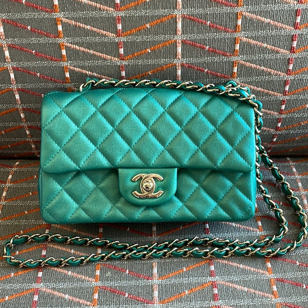 CHANEL Teal Quilted Leather Mini Flap Bag with Silver Hardware